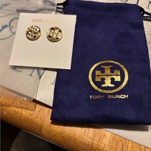 Tory Burch Gold and White Logo Earrings